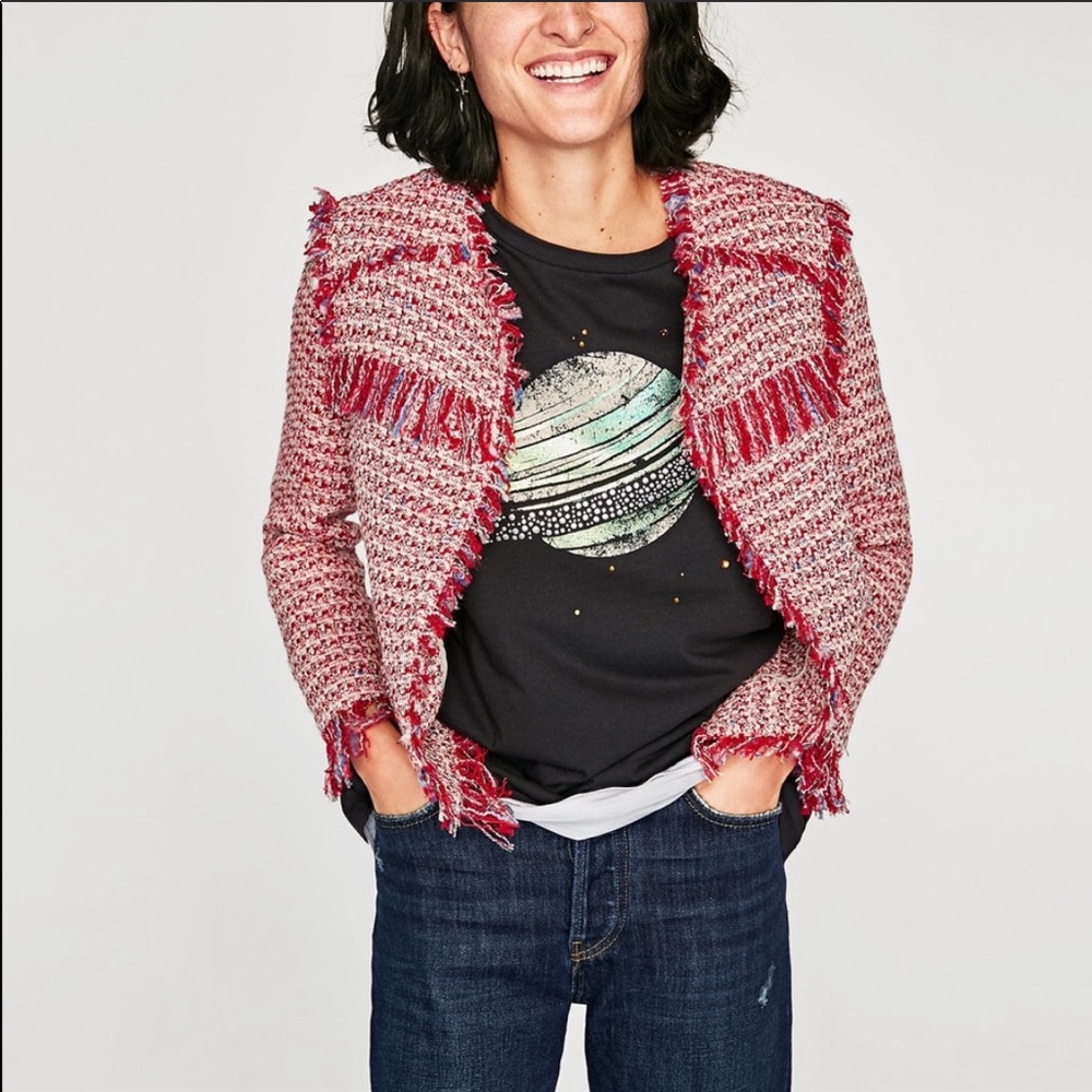 Zara Red Tweed Frayed Fringe Blazer Jacket